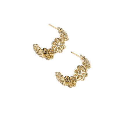 Gold hoop earrings with intricate three-dimensional floral filigree pattern in 14K gold plated brass on cream background