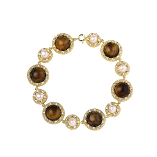 Gold-plated link bracelet with alternating brown tiger's eye stones and white freshwater pearls in ornate bezels.
