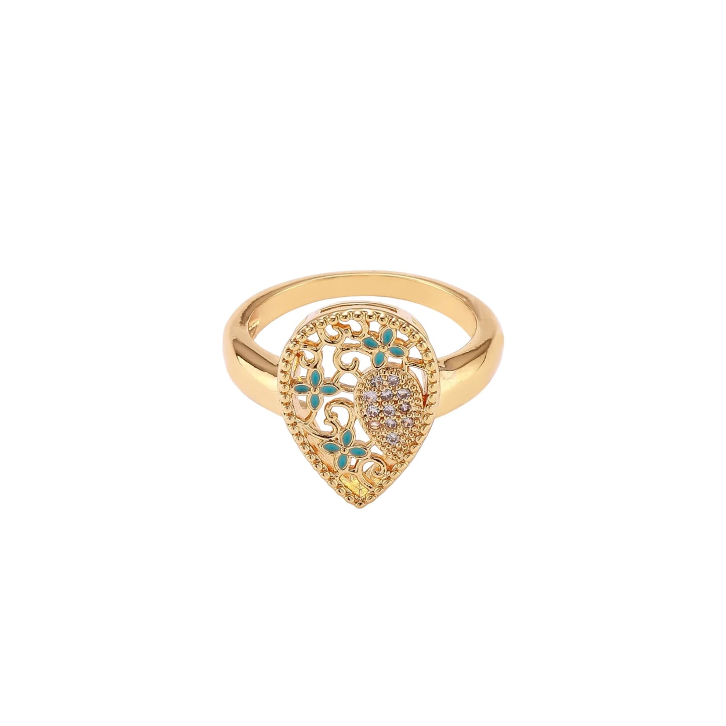 Teardrop-shaped gold-plated ring with turquoise enamel flowers and crystal pavé detail on cream background