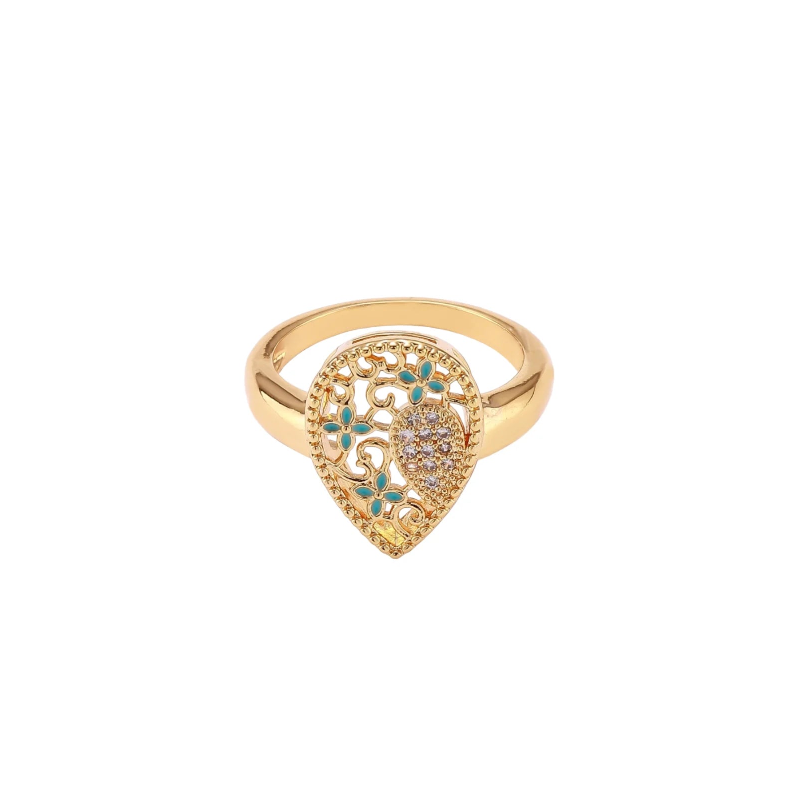 Teardrop-shaped gold-plated ring with turquoise enamel flowers and crystal pavé detail on cream background