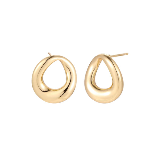 Pair of polished 18K gold-plated stainless steel teardrop earrings with hollow centers on cream background