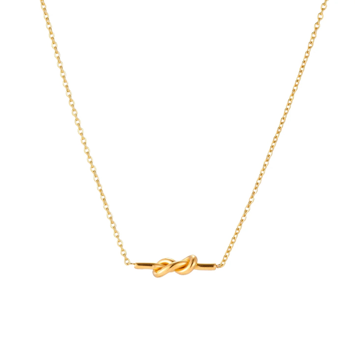 Dainty 18K gold plated necklace with infinity knot pendant on delicate chain against white background