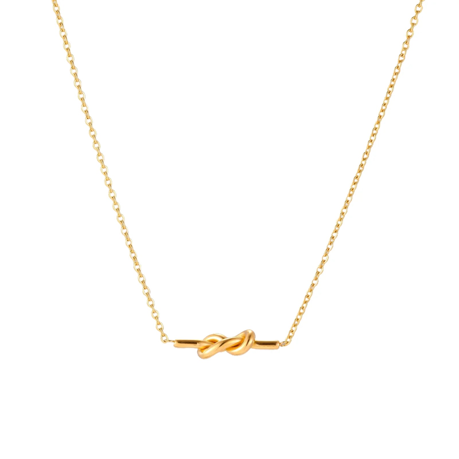 Dainty 18K gold plated necklace with infinity knot pendant on delicate chain against white background