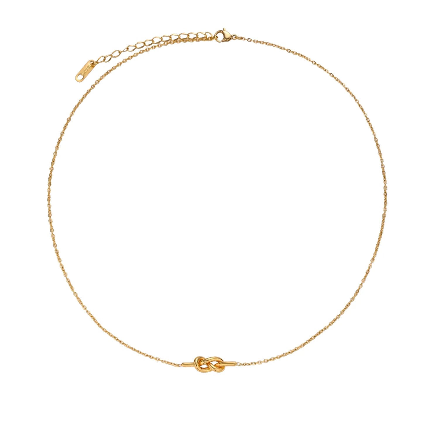 Dainty 18K gold plated necklace with infinity knot pendant on delicate chain against white background