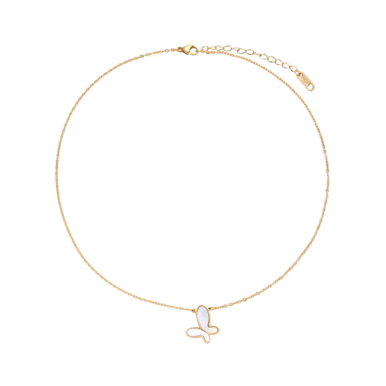 Gold-plated butterfly pendant with iridescent mother of pearl inlay on delicate chain against cream background.