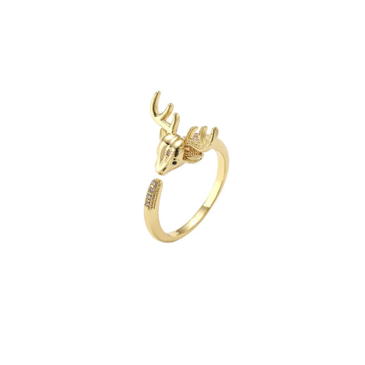 Gold-plated adjustable ring featuring 3D deer head with detailed antlers and cubic zirconia accents on cream background