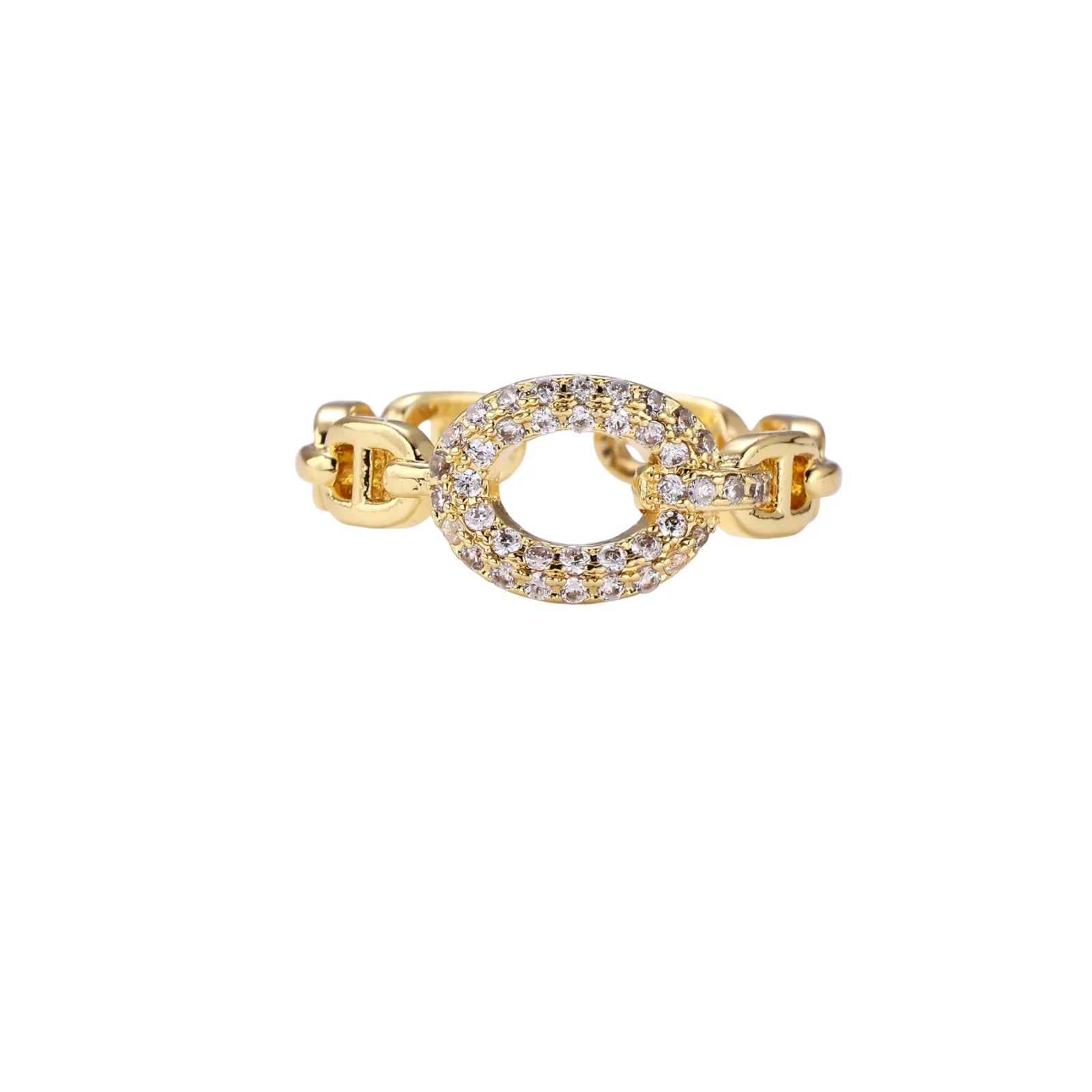 Gold-plated brass chain link ring with one oval CZ-pavé segment on cream background, adjustable cuff style.