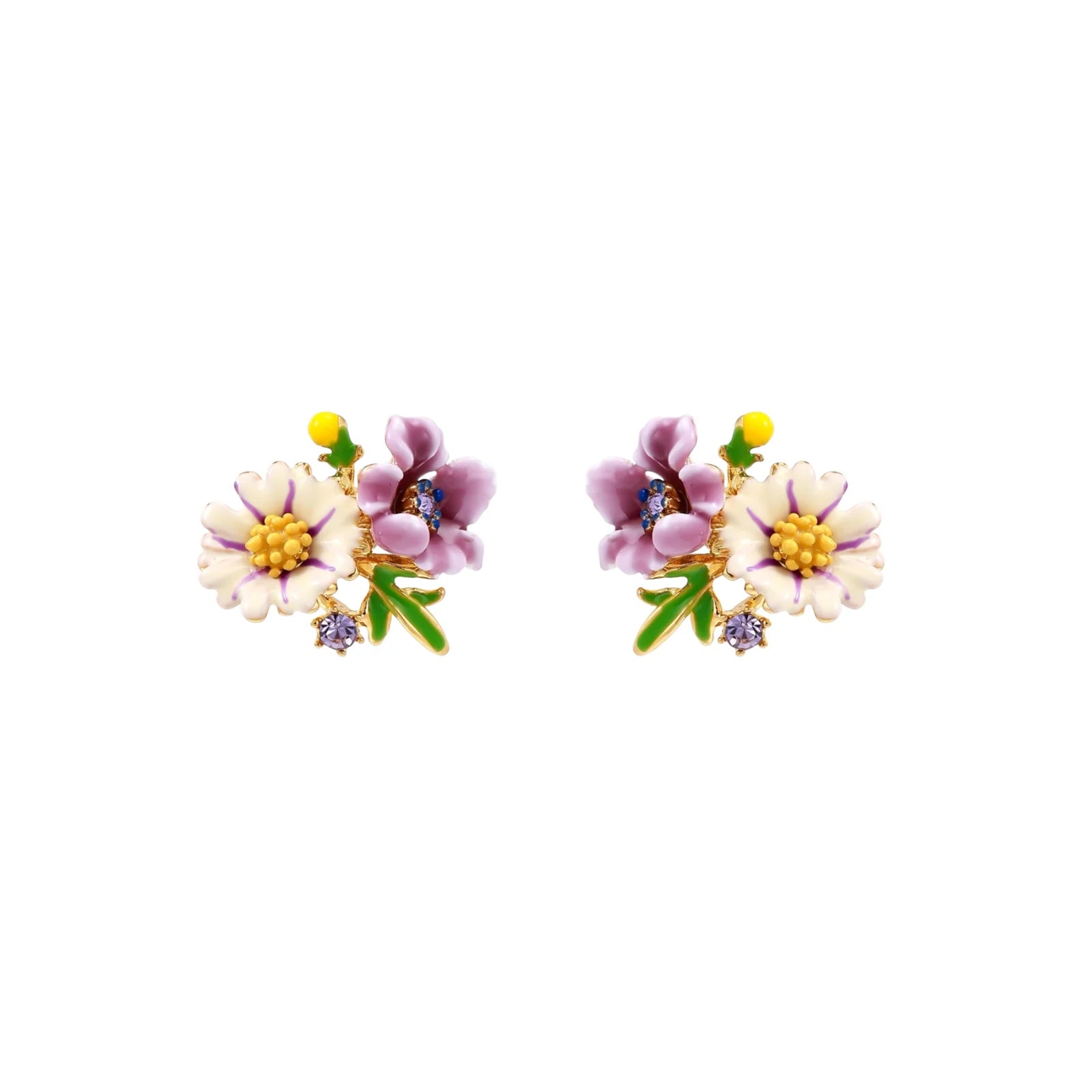 Cluster-style stud earrings with purple pansies, white daisies, yellow centers, and green leaves in glossy enamel finish