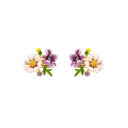 Cluster-style stud earrings with purple pansies, white daisies, yellow centers, and green leaves in glossy enamel finish