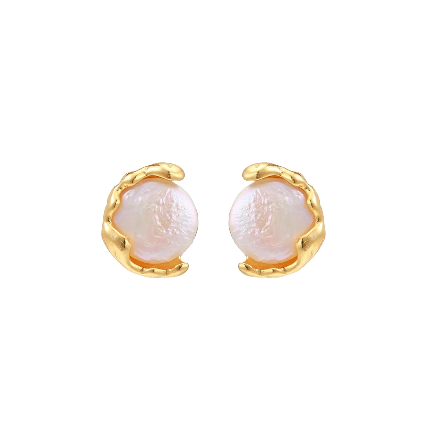 Gold vermeil studs with lustrous pink freshwater pearls in organic crescent settings