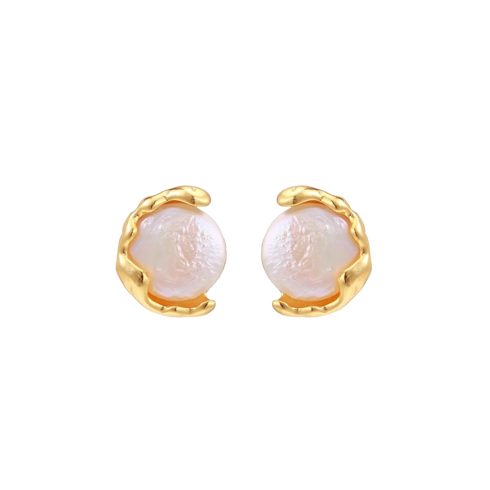 Gold vermeil studs with lustrous pink freshwater pearls in organic crescent settings