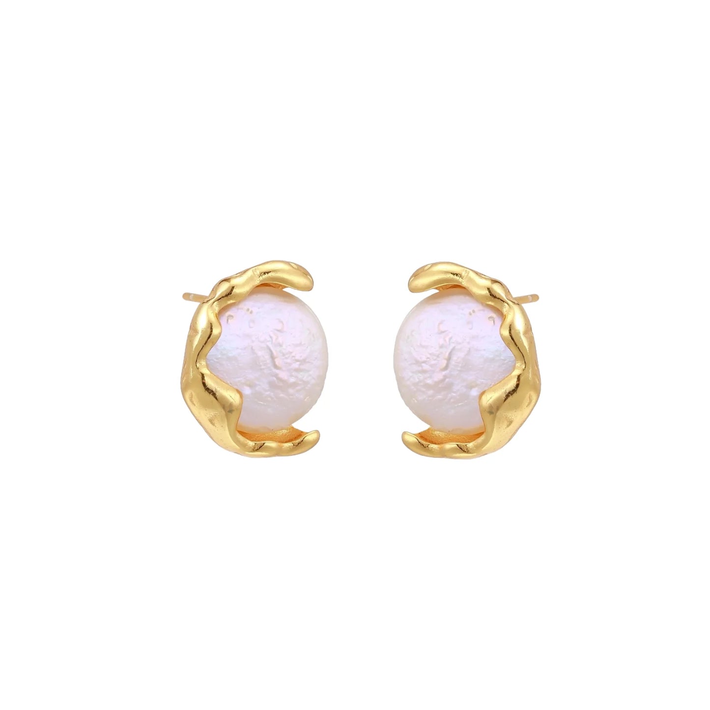 Gold vermeil studs with lustrous pink freshwater pearls in organic crescent settings