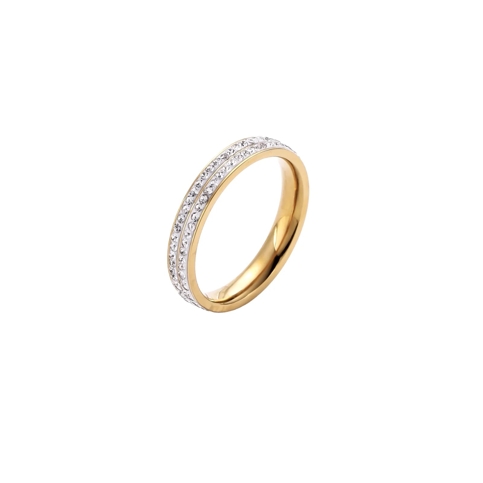 Gold-plated ring with two rows of clear rhinestones on white background