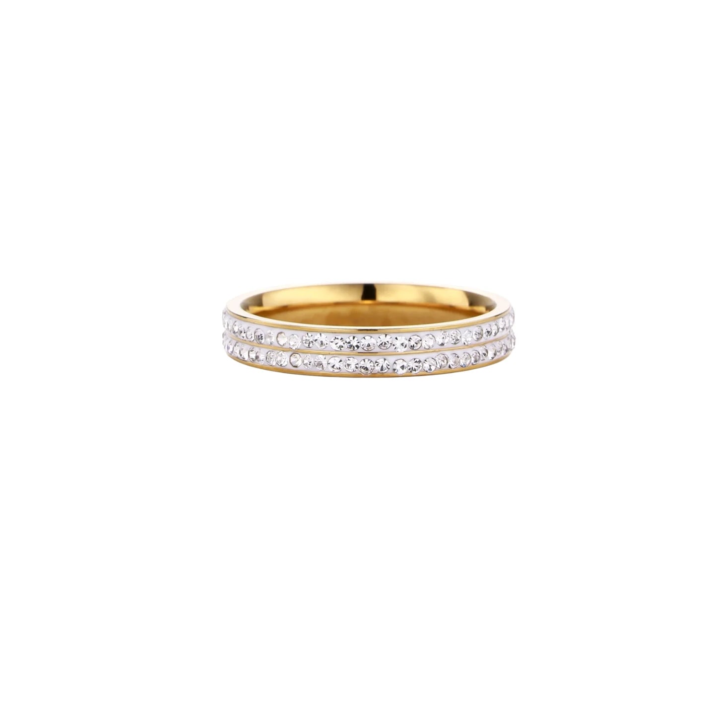Gold-plated ring with two rows of clear rhinestones on white background