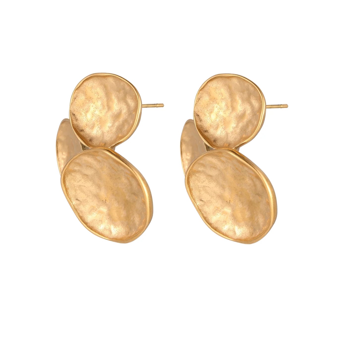 Three hammered gold discs clustered together forming organic statement earrings with textured surfaces