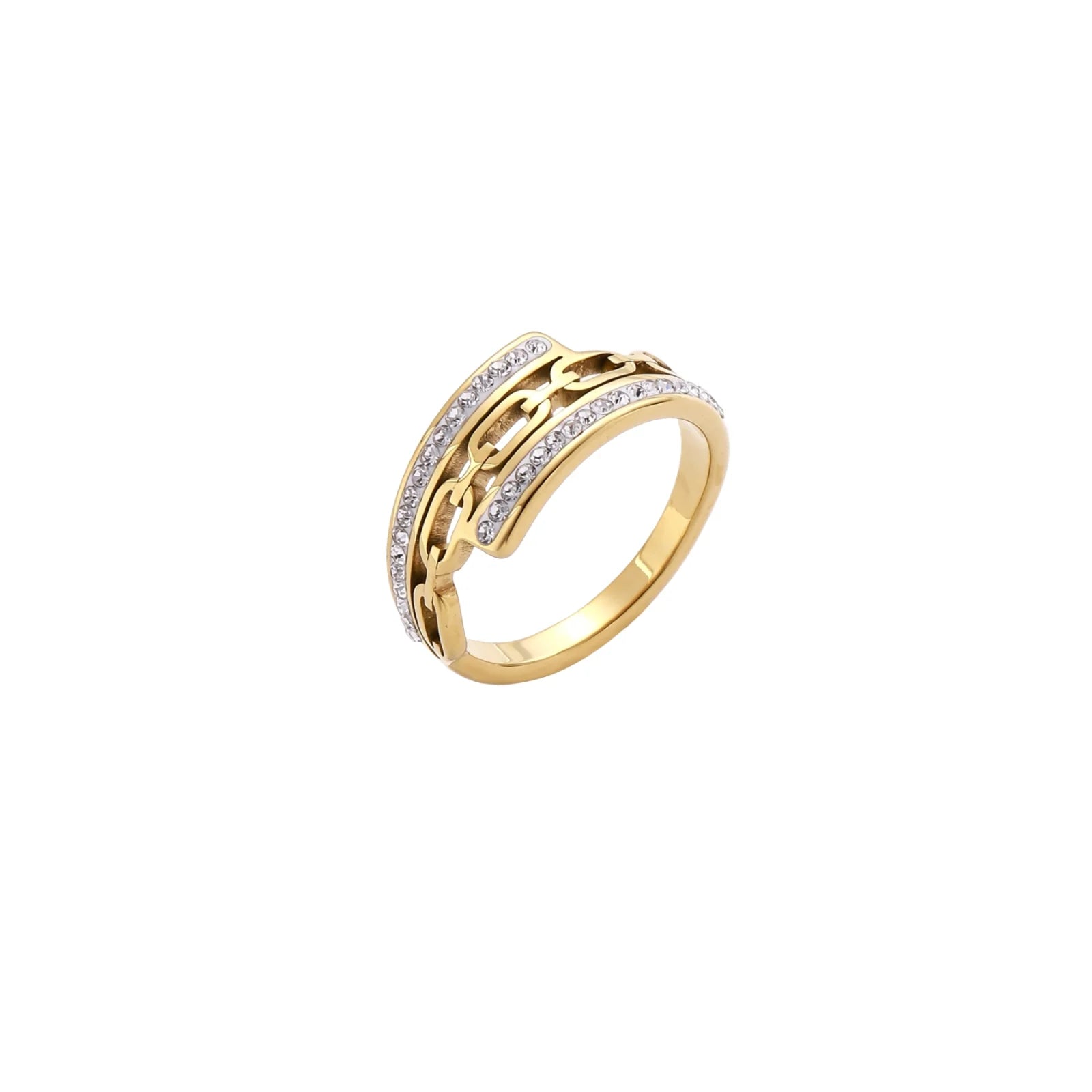 Gold-plated stainless steel ring with geometric chain link design flanked by two rows of clear rhinestones