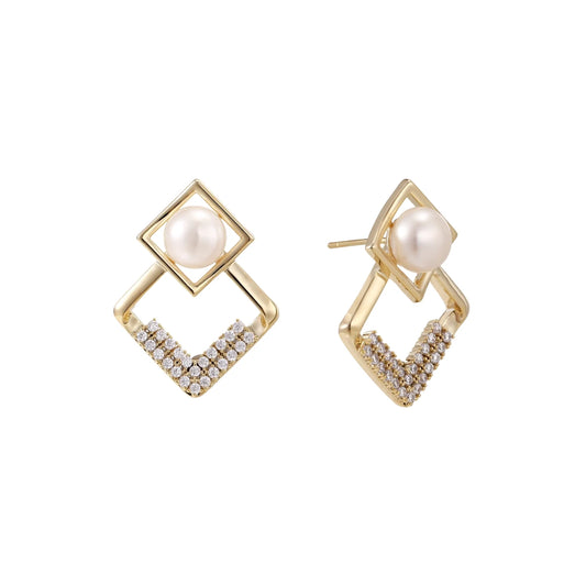 Gold-plated double square frame earrings with freshwater pearl and crystal accents on white background