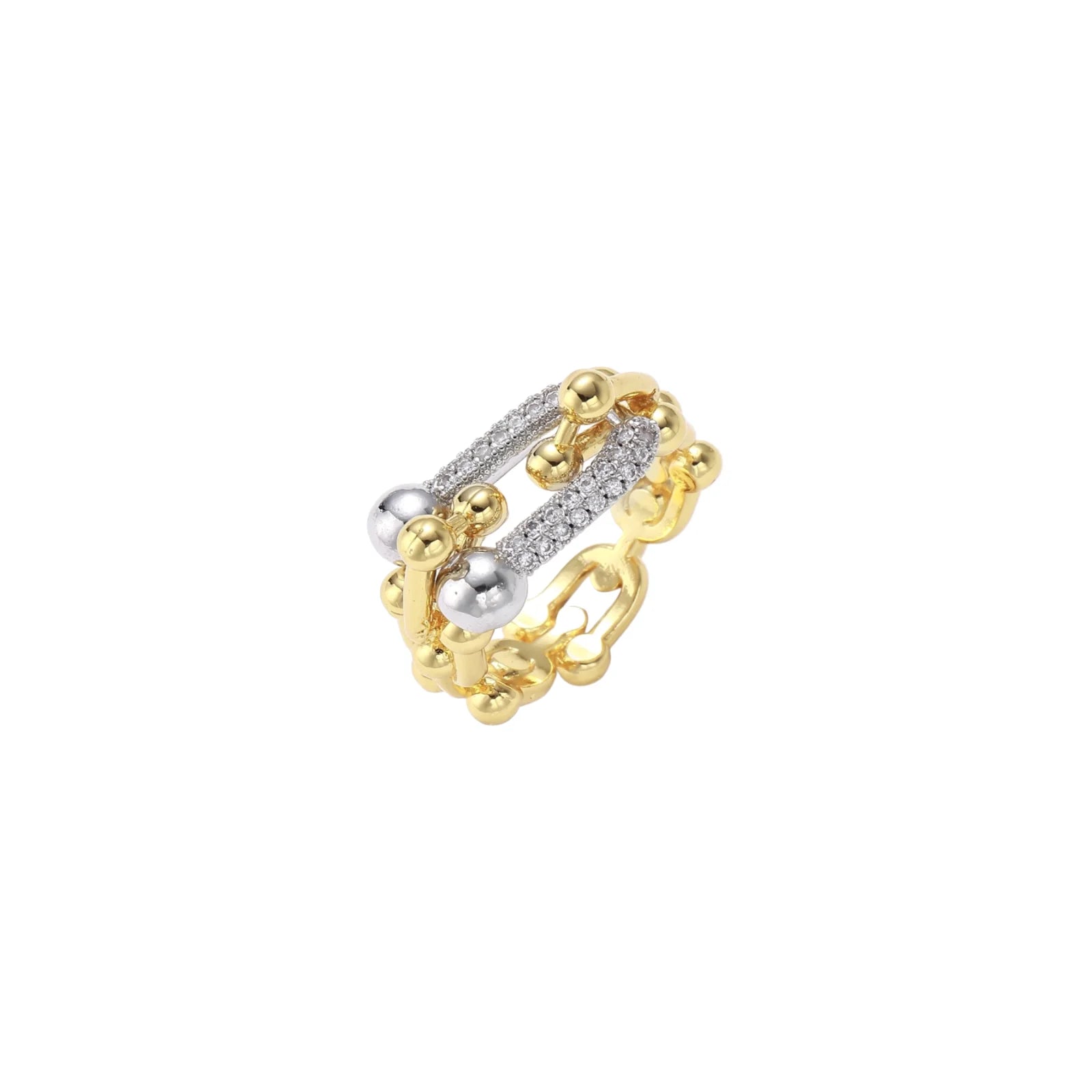 Triple-band gold ring with spherical bead chains and two crystal-pavé bars on cream background