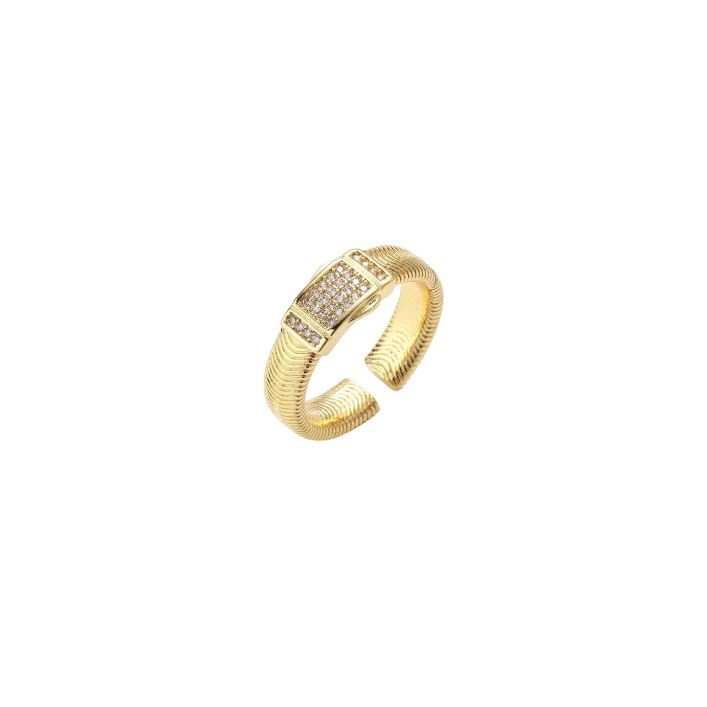 Gold-plated adjustable ring with ribbed band and rectangular pavé cubic zirconia panel on white background.