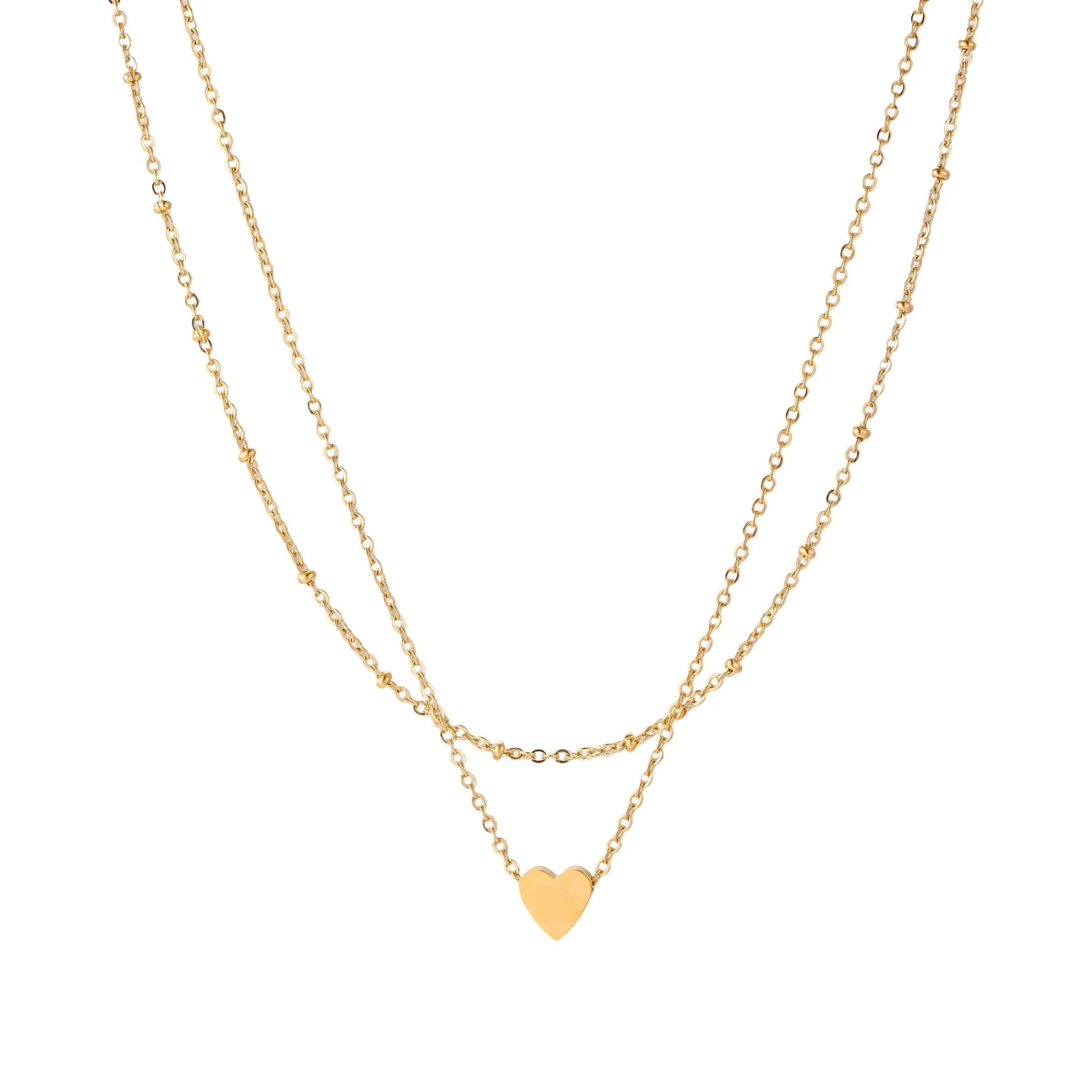 Delicate double-chain gold necklace with tiny heart pendant on cream background
