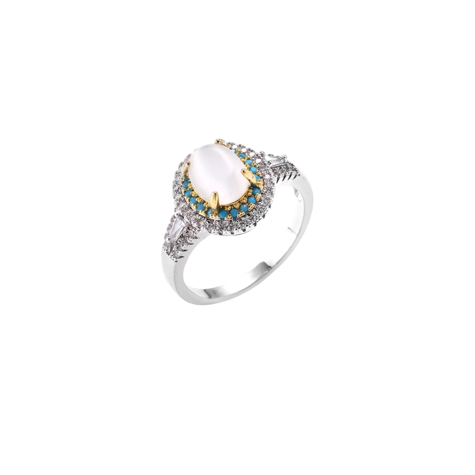 Vintage-style cocktail ring with luminous cat's eye center stone surrounded by turquoise and crystal double halo on white gold plated band