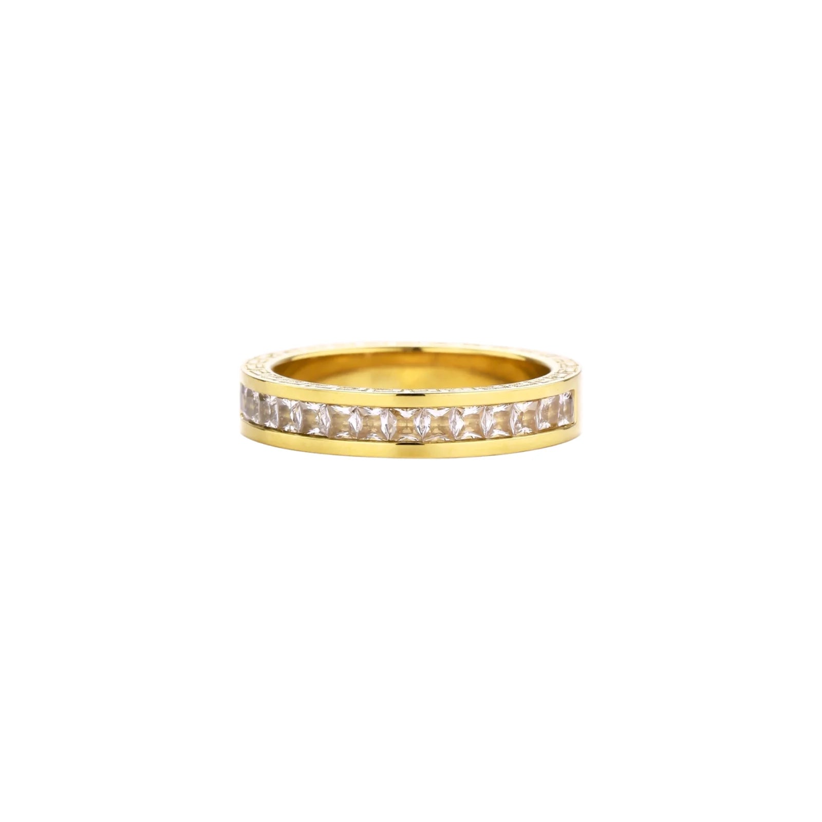 14K gold-plated band with channel-set zirconia and Greek key pattern engraving on polished finish