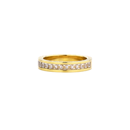 14K gold-plated band with channel-set zirconia and Greek key pattern engraving on polished finish