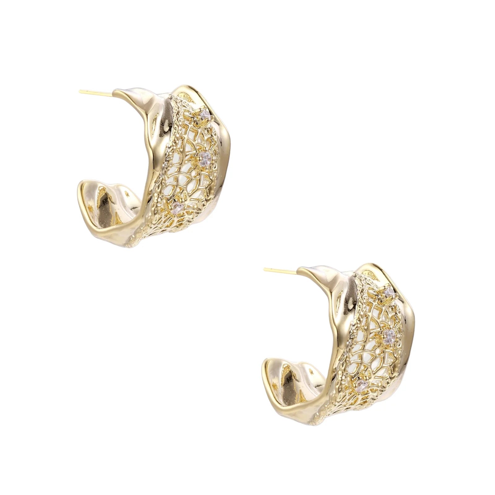 Gold-plated sculptural hoop earrings with geometric lattice centerband and sparkling zirconia on white background.
