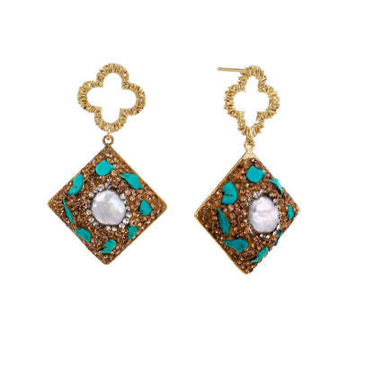 Gold-plated drop earrings with quatrefoil studs, diamond-shaped pendants featuring baroque pearls, turquoise stones, and amber crystals