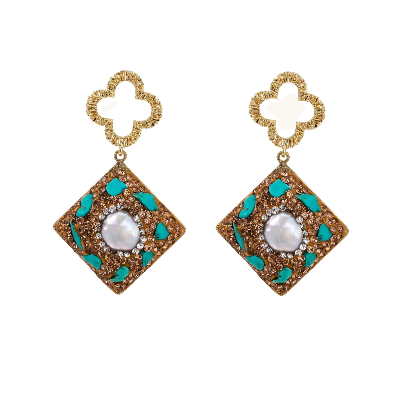 Gold-plated drop earrings with quatrefoil studs, diamond-shaped pendants featuring baroque pearls, turquoise stones, and amber crystals
