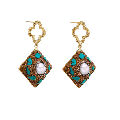 Gold-plated drop earrings with quatrefoil studs, diamond-shaped pendants featuring baroque pearls, turquoise stones, and amber crystals