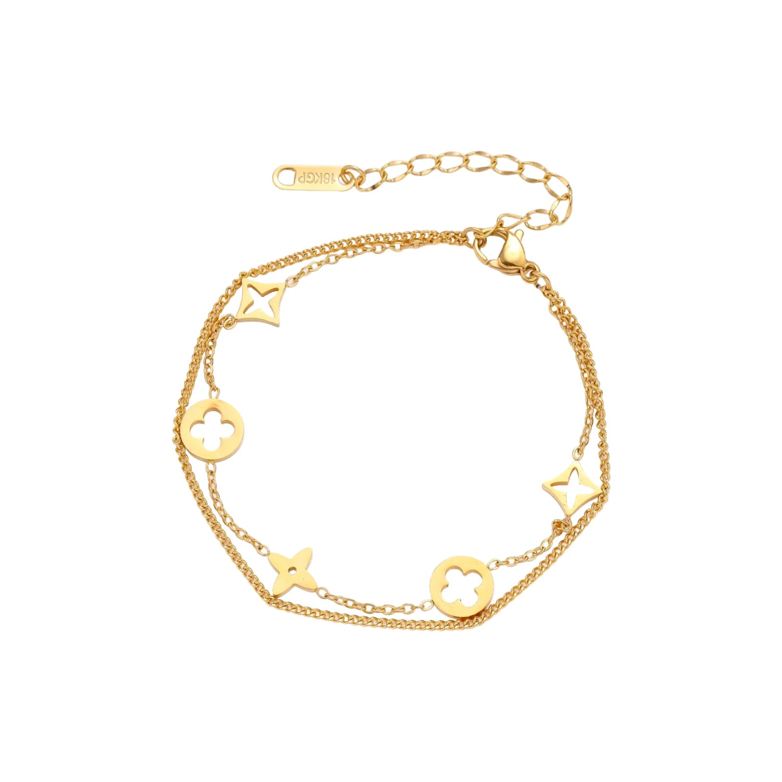 Double-layer gold-plated bracelet with quatrefoil and star charms on cream background, 18K gold finish.