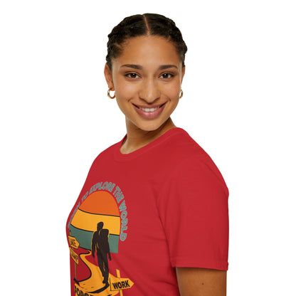 Adventure Hiker T-Shirt — "Born to Explore the World, Forced to Work" Retro Camping Tee