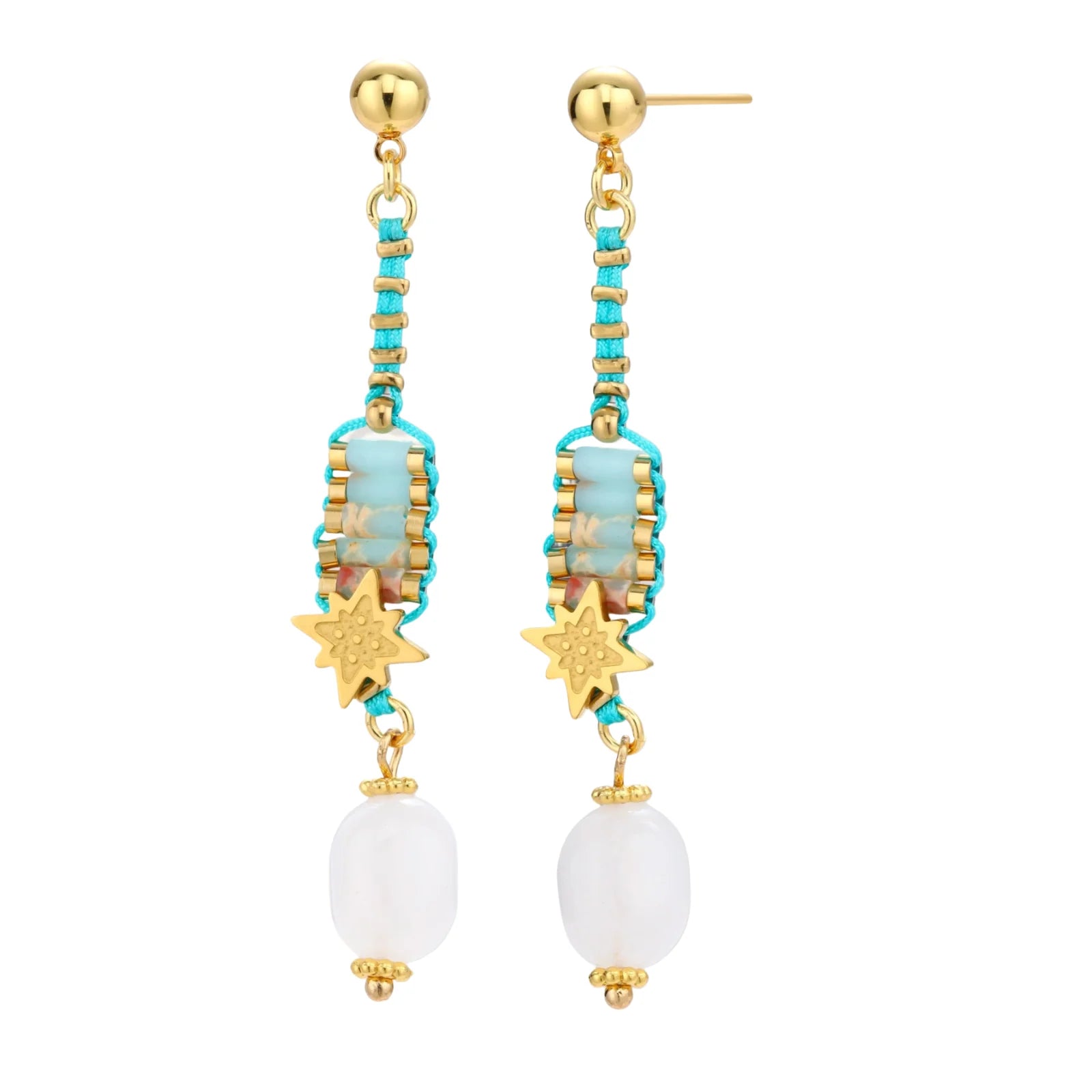 Gold-plated dangle earrings with turquoise threading, star charms, and white pearl beads against cream background.