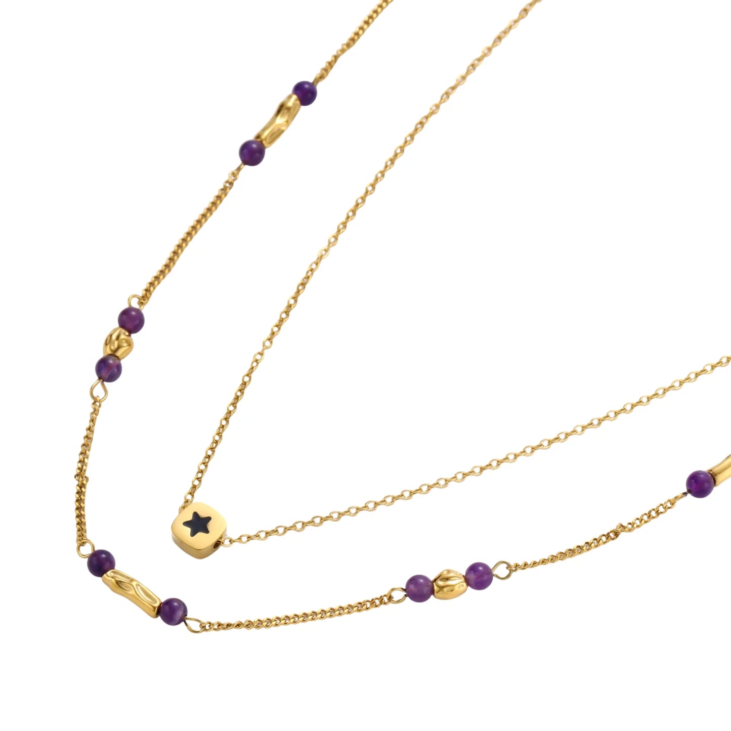 Two layered gold-tone necklaces with purple stone beads and star pendant against cream background.