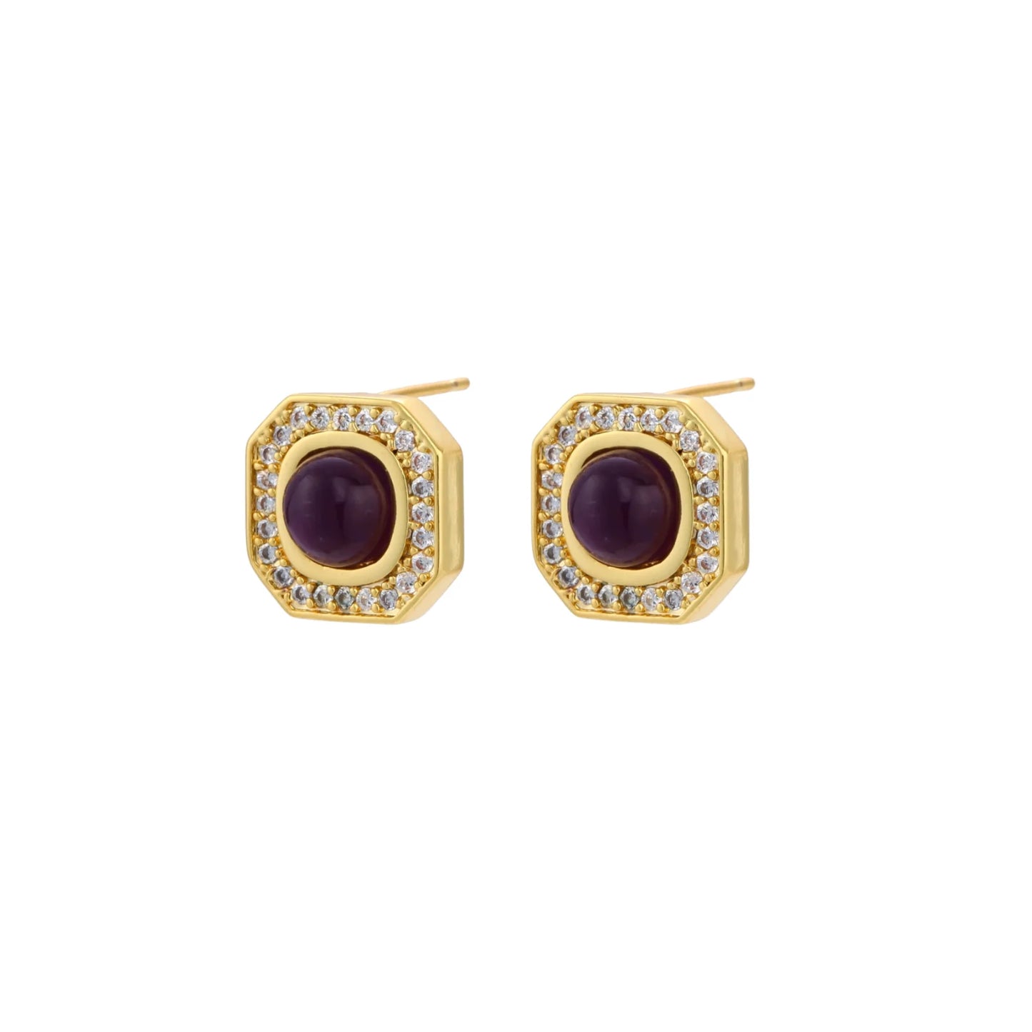 Gold-plated octagonal stud earrings with burgundy liuli centers and cubic zirconia halos on white background