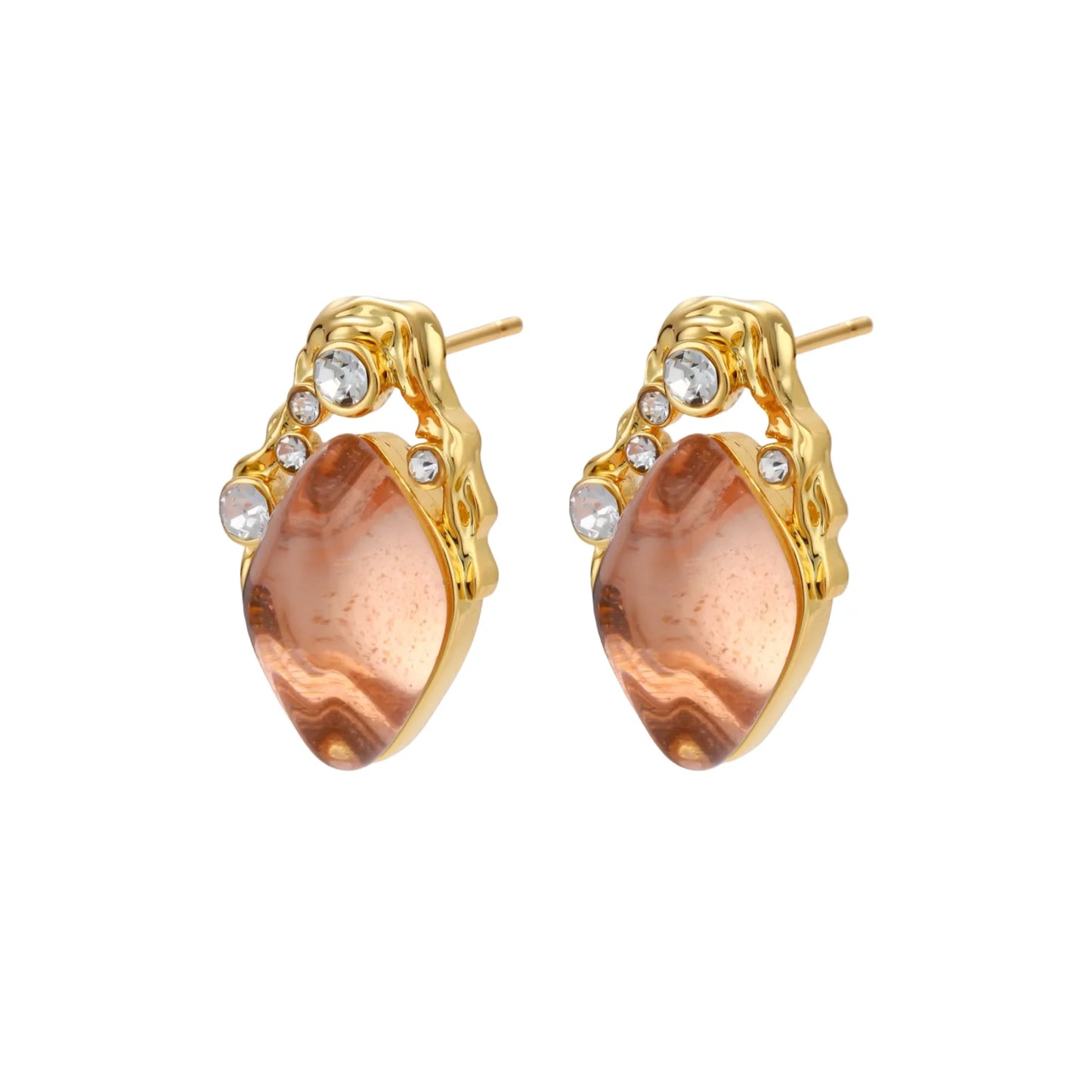 Gold-plated baroque stud earrings with coral-pink liuli stones and cubic zirconia crystals on white background.