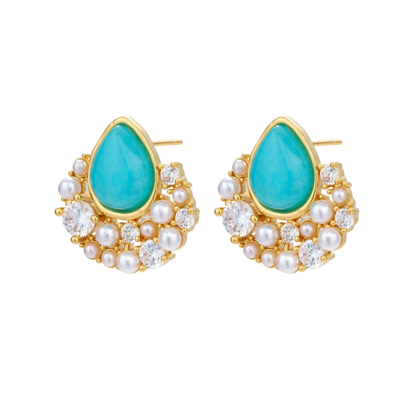 Gold-plated cluster earrings with teardrop turquoise stones surrounded by white pearls and clear crystals