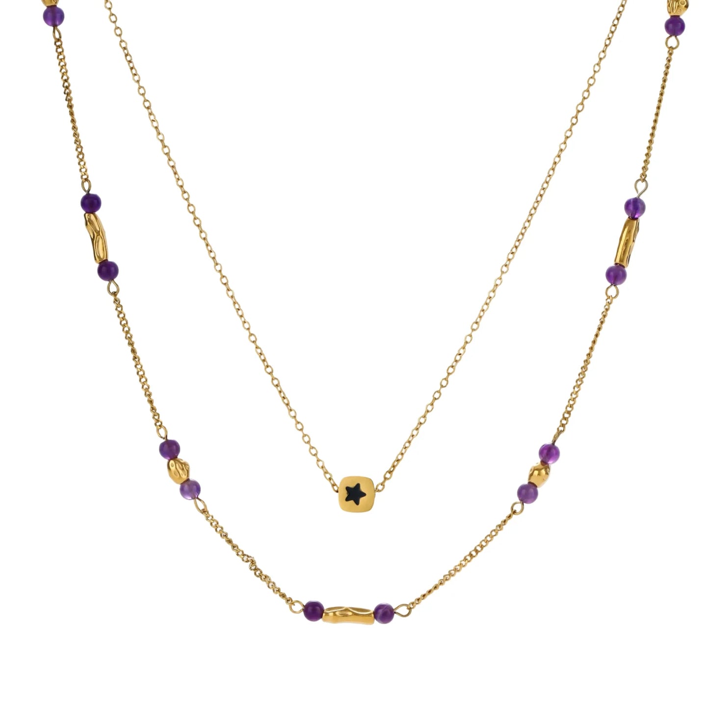 Two layered gold-tone necklaces with purple stone beads and star pendant against cream background.