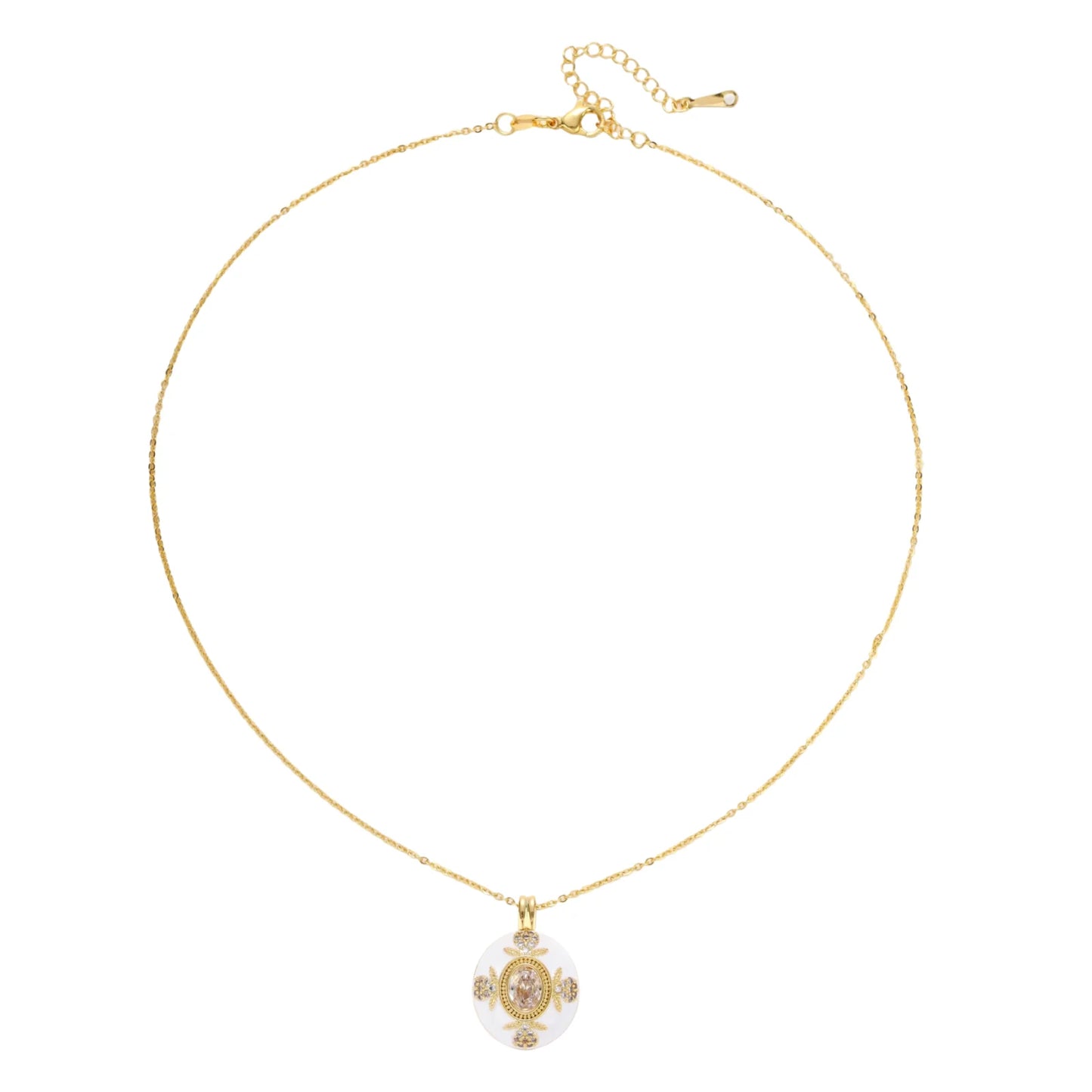 Gold-plated necklace with circular white enamel pendant featuring central zirconia stone and ornate decorative details