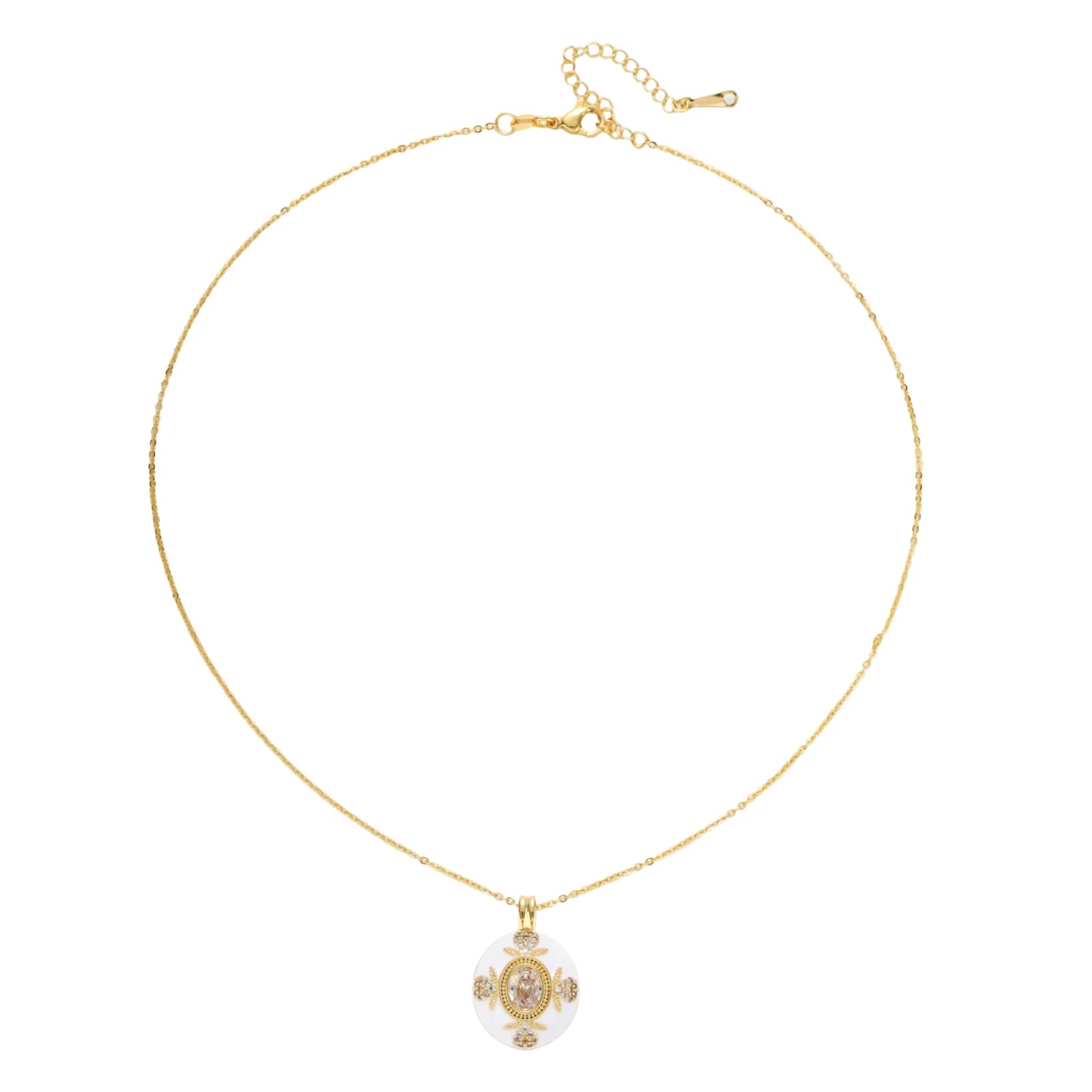 Gold-plated necklace with circular white enamel pendant featuring central zirconia stone and ornate decorative details