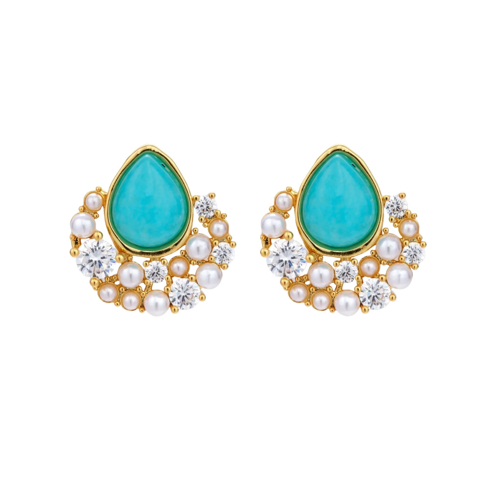 Gold-plated cluster earrings with teardrop turquoise stones surrounded by white pearls and clear crystals