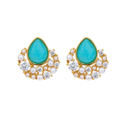 Gold-plated cluster earrings with teardrop turquoise stones surrounded by white pearls and clear crystals