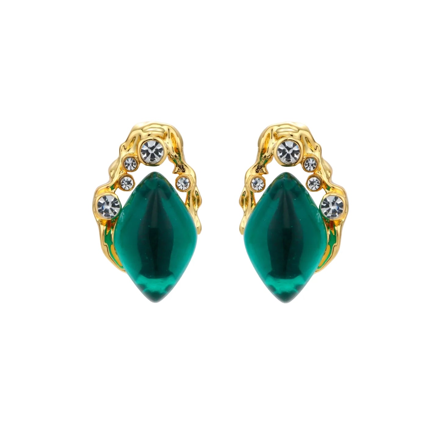 Gold-plated stud earrings featuring teardrop emerald green liuli stones with cubic zirconia crystal accents on white background.