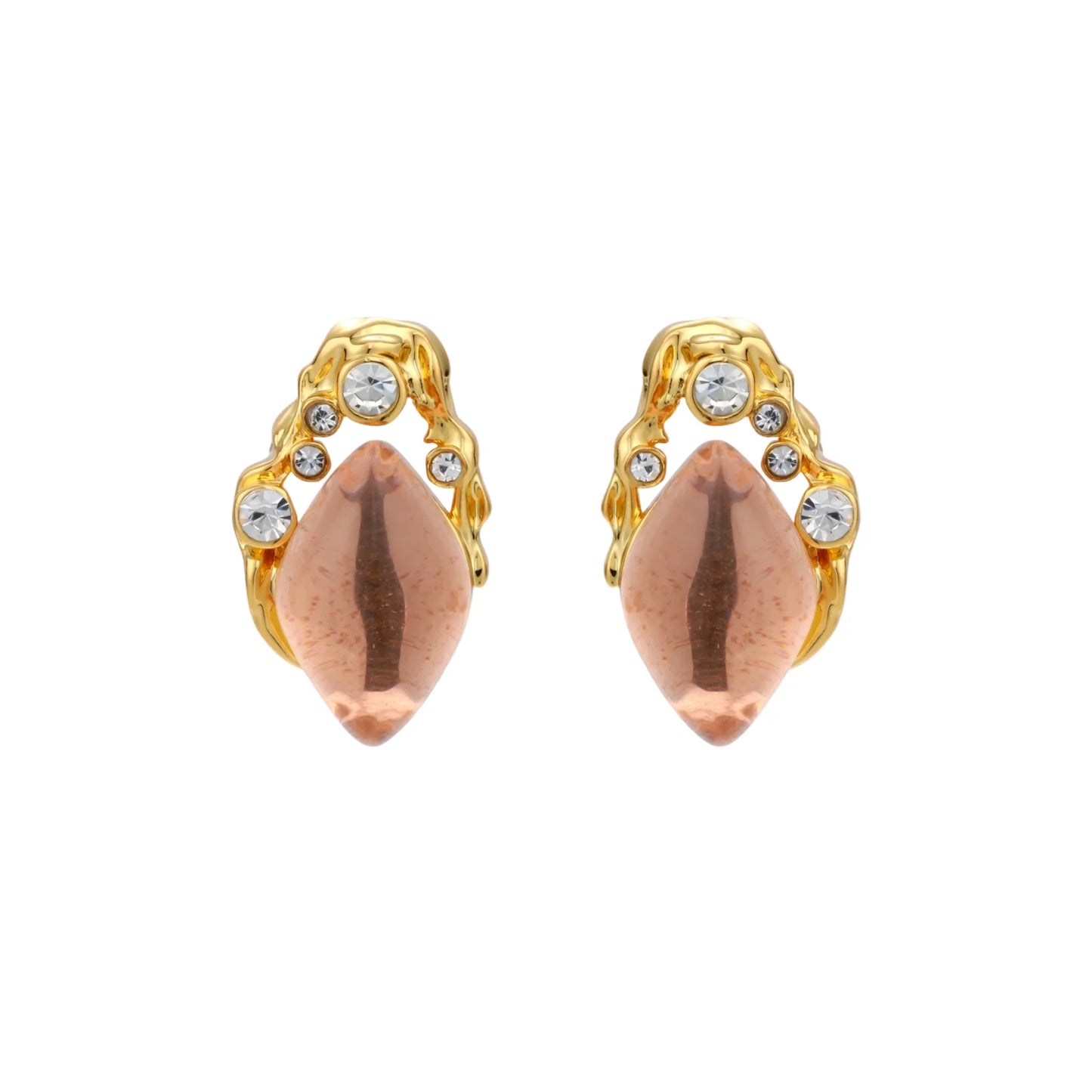 Gold-plated baroque stud earrings with coral-pink liuli stones and cubic zirconia crystals on white background.
