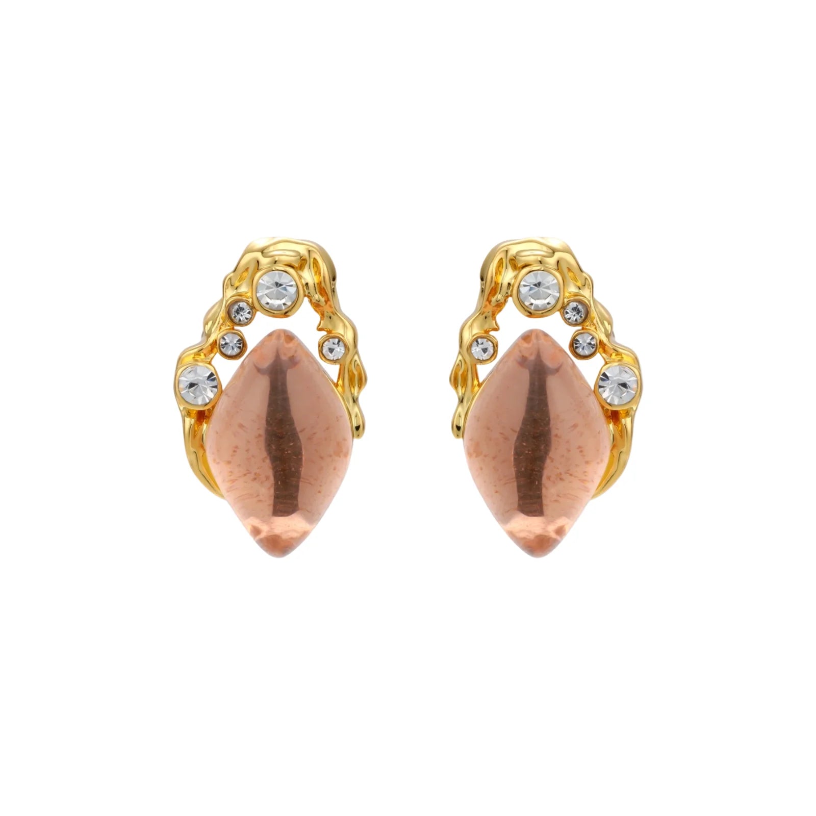 Gold-plated baroque stud earrings with coral-pink liuli stones and cubic zirconia crystals on white background.