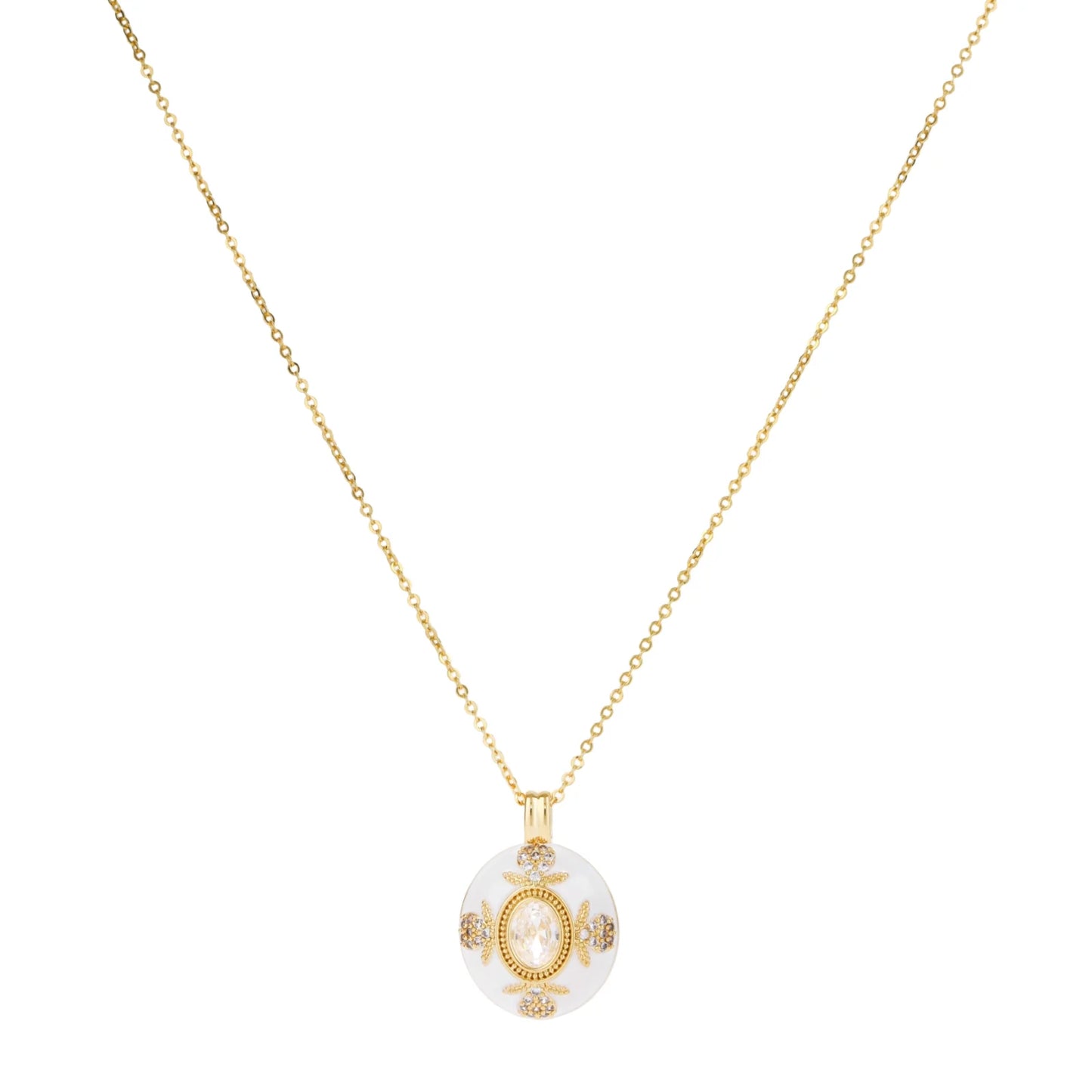 Gold-plated necklace with circular white enamel pendant featuring central zirconia stone and ornate decorative details