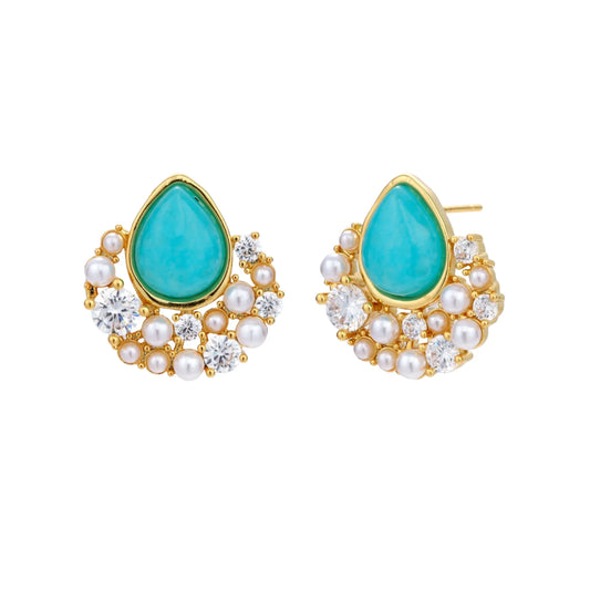 Gold-plated cluster earrings with teardrop turquoise stones surrounded by white pearls and clear crystals
