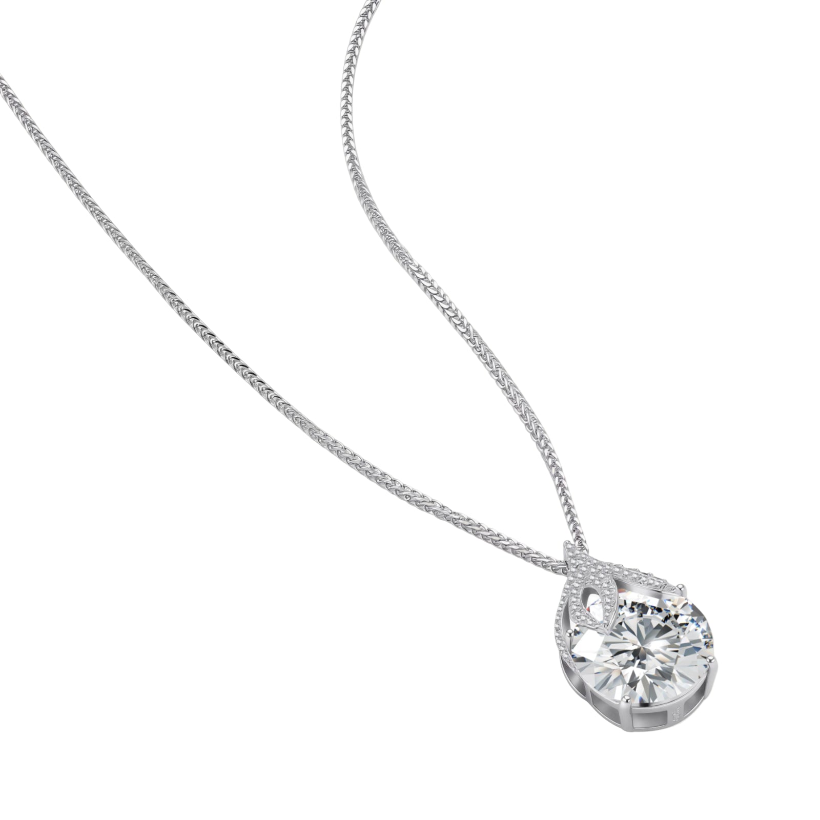 Sterling silver necklace featuring a large pear-shaped moissanite stone in an ornate setting with smaller accent stones