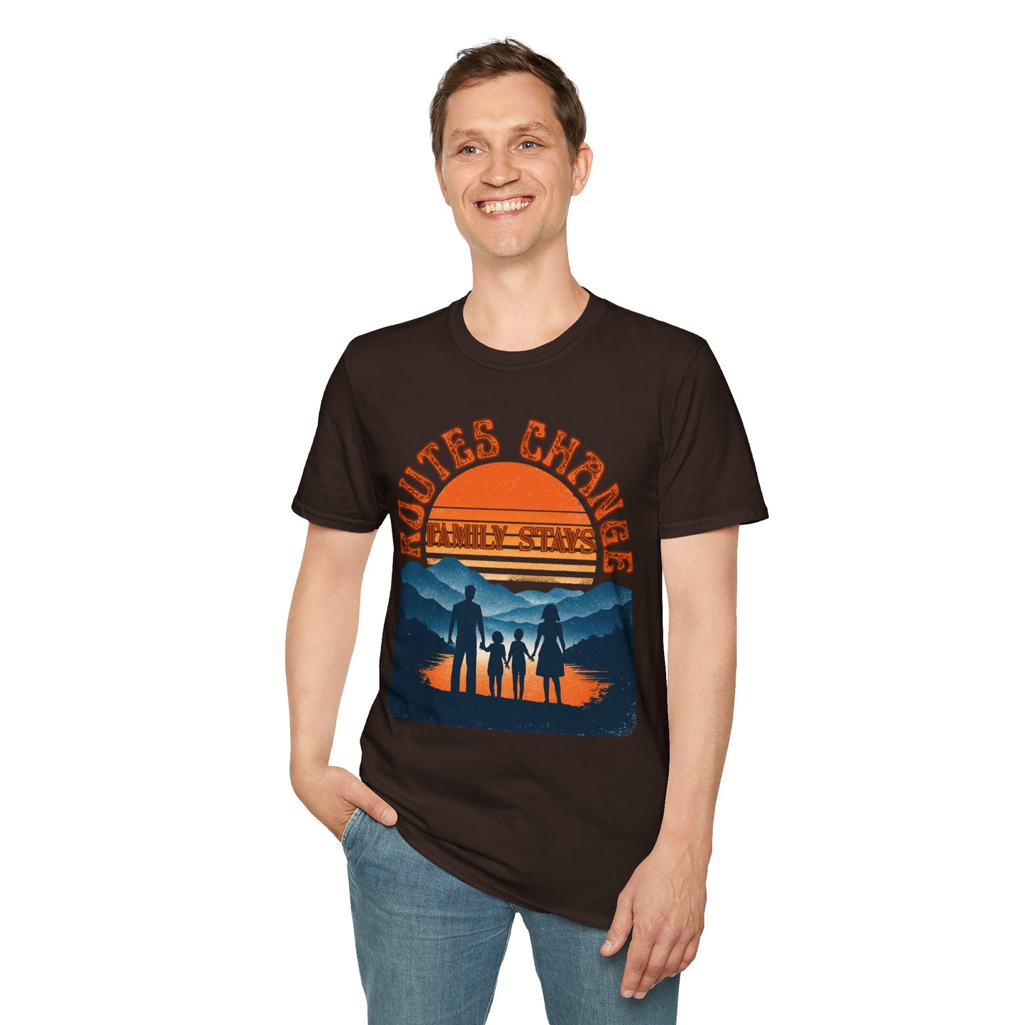 Family Sunset Camping T-Shirt – "Routes Change, Family Stays" Outdoor Adventure Tee